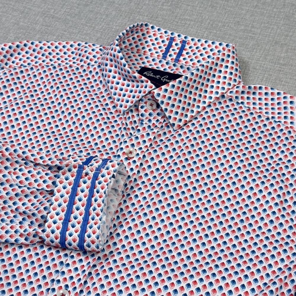 Robert Graham Dress Shirt Mens 2XL White Geometric‎ Slim Fit Point Collar